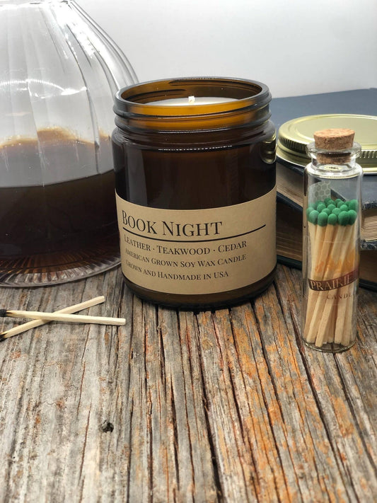 Book Night Soy Wax Candle | 9 oz Amber Apothecary Jar