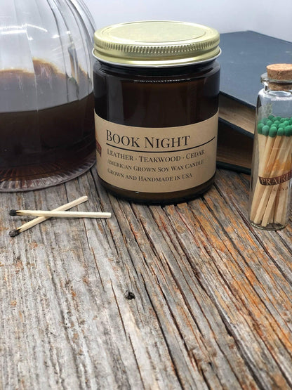 Book Night Soy Wax Candle | 9 oz Amber Apothecary Jar
