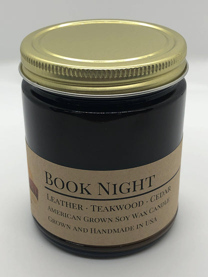 Book Night Soy Wax Candle | 9 oz Amber Apothecary Jar