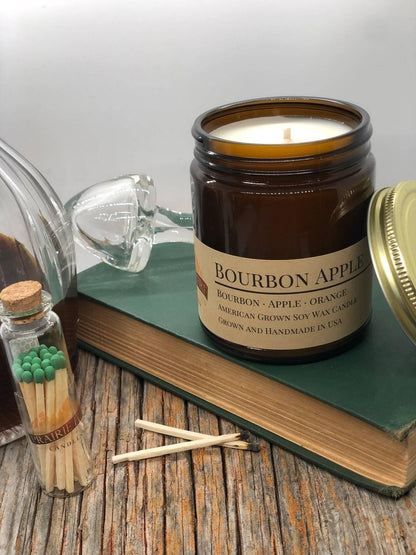 Bourbon Apple Soy Wax Candle | 9 oz Amber Apothecary Jar