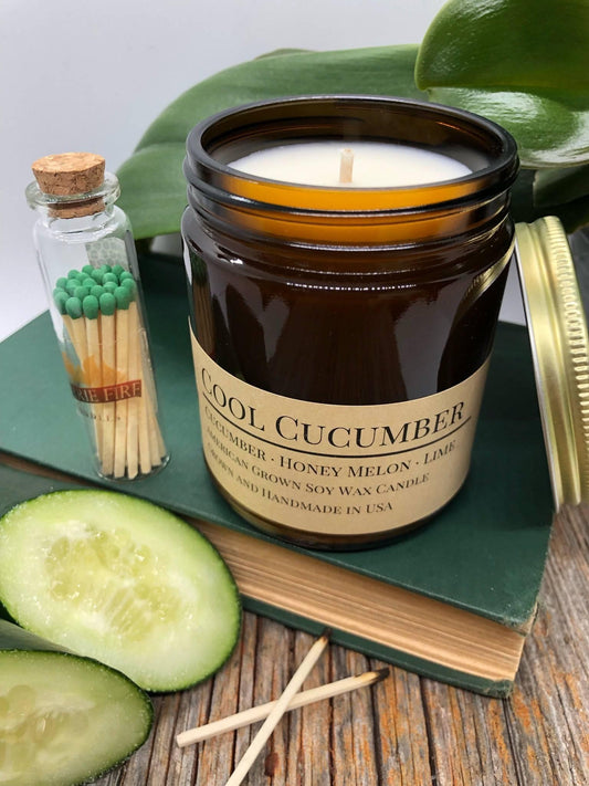 Cool Cucumber Soy Wax Candle | 9 oz Amber Apothecary Jar