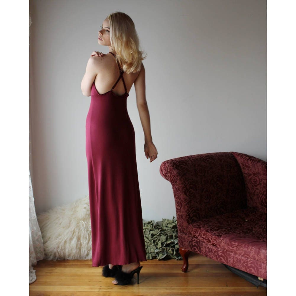 Long bamboo nightgown with plunging lace neckline - Homeland Harvest