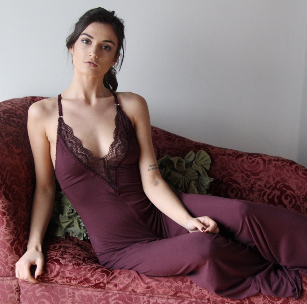 bamboo lingerie jumpsuit with plunging lace neckline - Homeland Harvest
