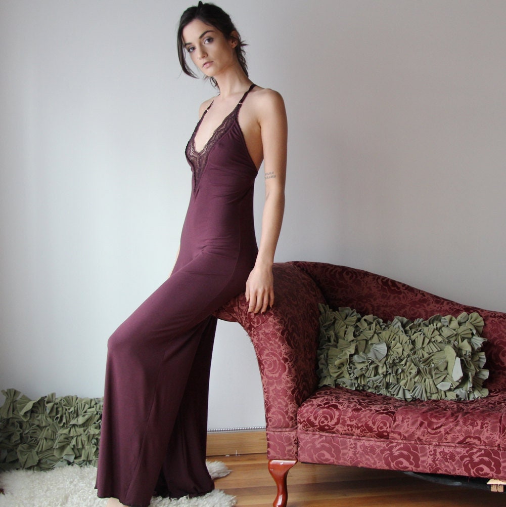 bamboo lingerie jumpsuit with plunging lace neckline - Homeland Harvest