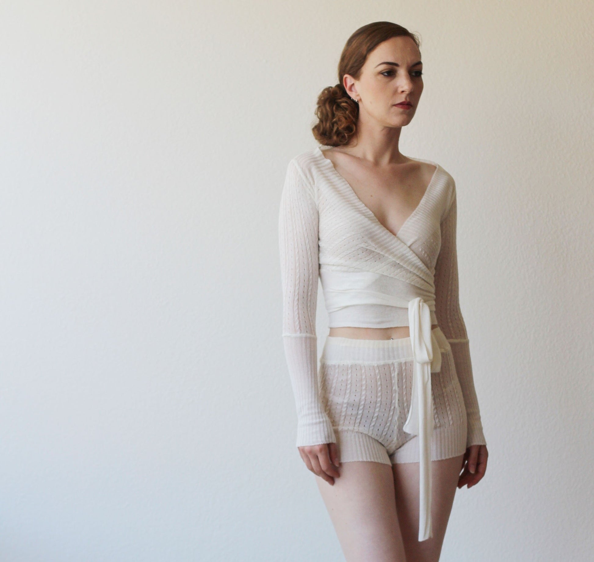 silk and cashmere knit tap pant shorts in sheer pointelle lace knit - Homeland Harvest