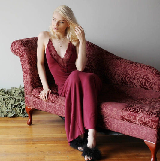 Long bamboo nightgown with plunging lace neckline - Homeland Harvest