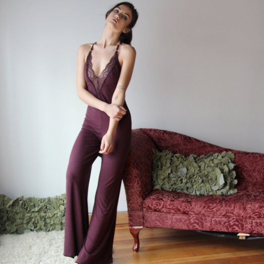 bamboo lingerie jumpsuit with plunging lace neckline - Homeland Harvest