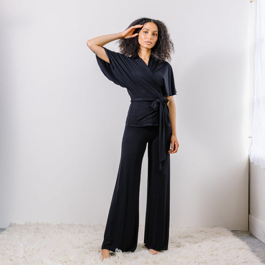 Bamboo Pajama Set including Wrap Bed Jacket and Wide Leg Foldover Pants - Homeland Harvest