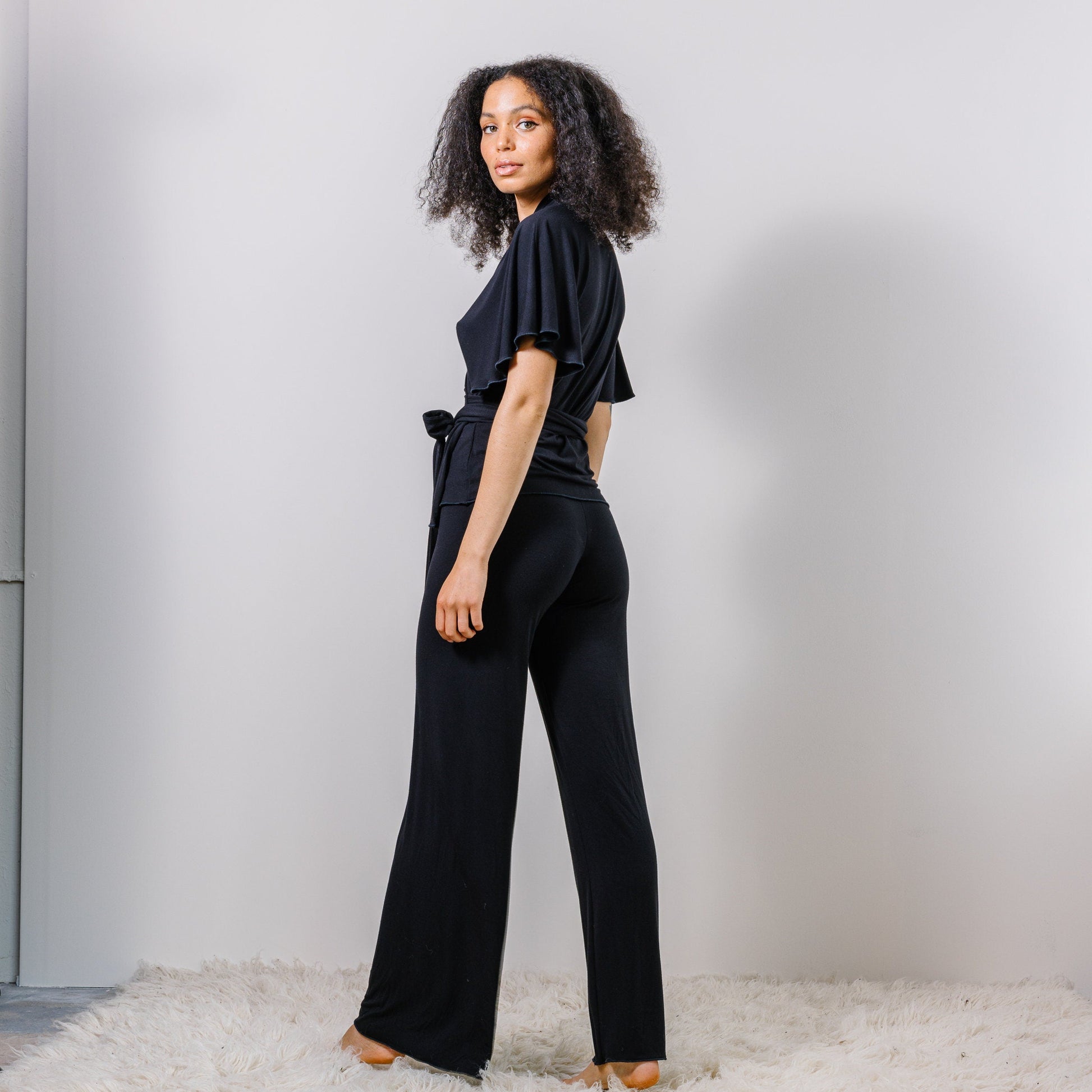 Bamboo Pajama Set including Wrap Bed Jacket and Wide Leg Foldover Pants - Homeland Harvest