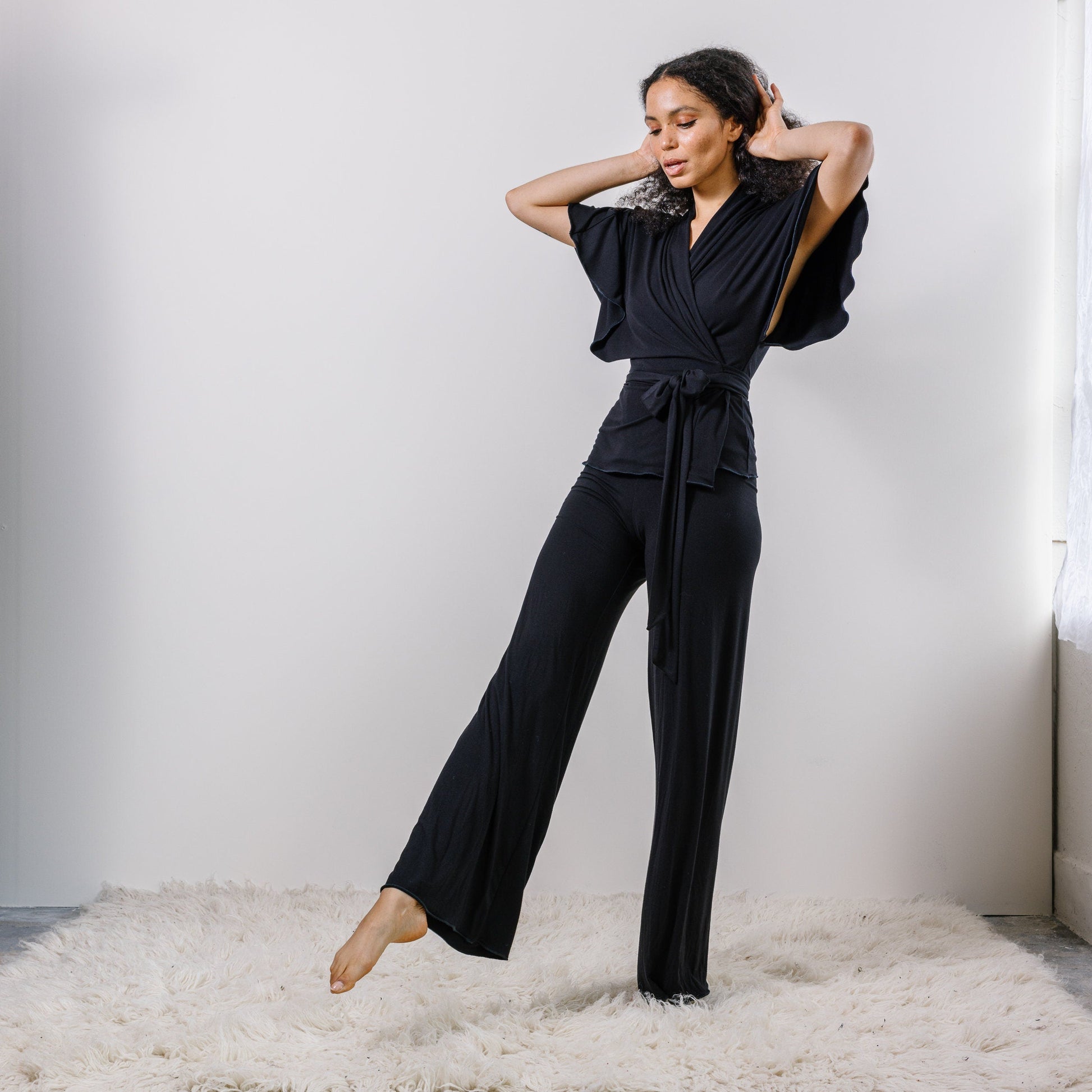 Bamboo Pajama Set including Wrap Bed Jacket and Wide Leg Foldover Pants - Homeland Harvest