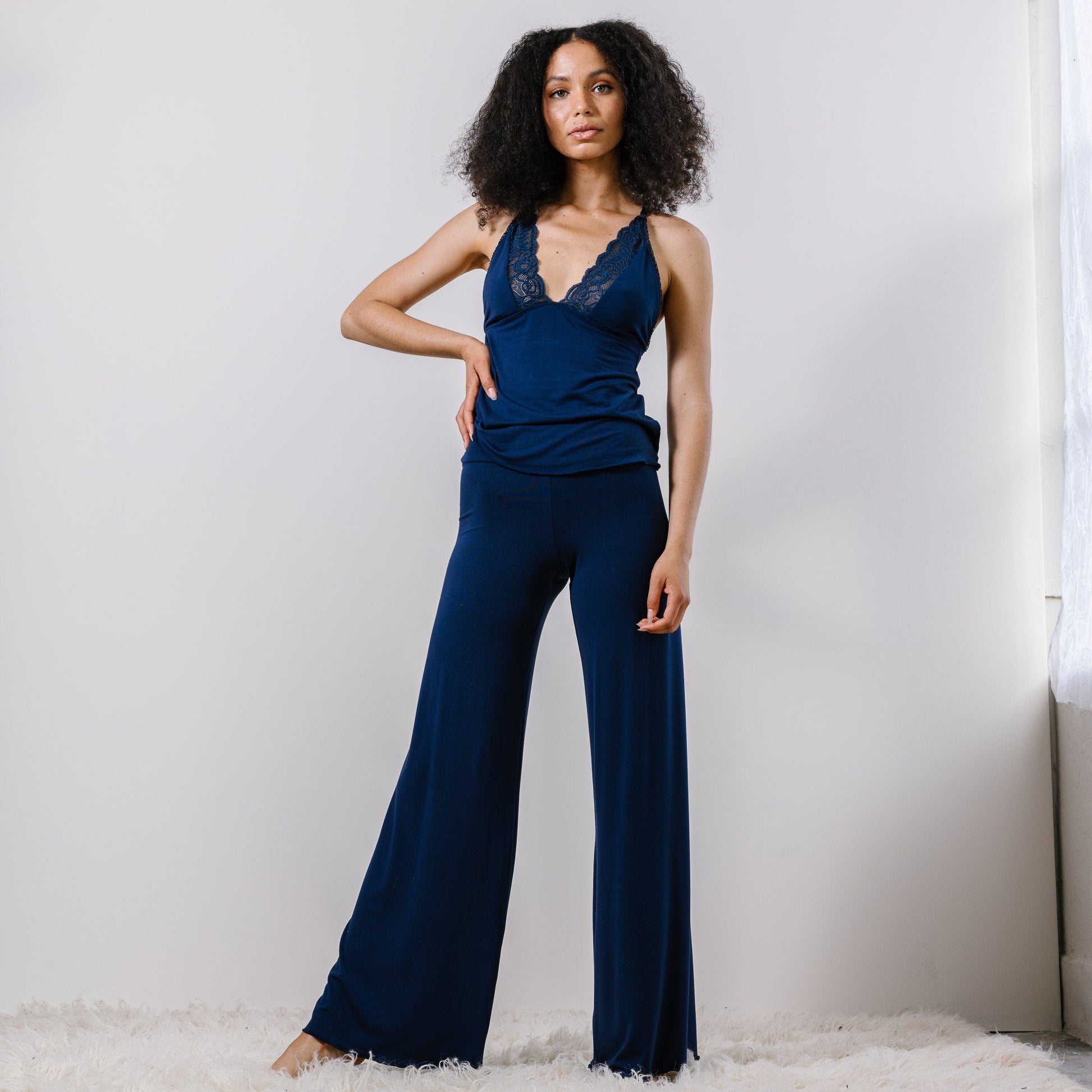 Pajama Set including Bamboo Wide Leg Foldover Pants and a lace trimmed Camisole - Homeland Harvest