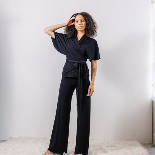 Bamboo Pajama Set including Wrap Bed Jacket and Wide Leg Foldover Pants - Homeland Harvest