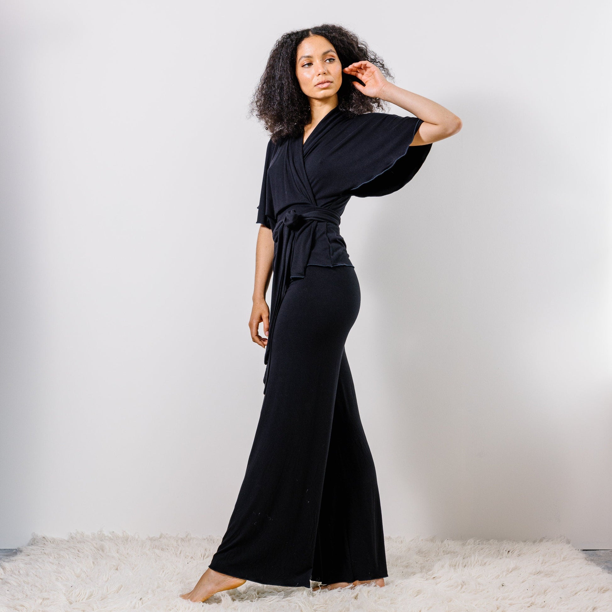 Bamboo Pajama Set including Wrap Bed Jacket and Wide Leg Foldover Pants - Homeland Harvest