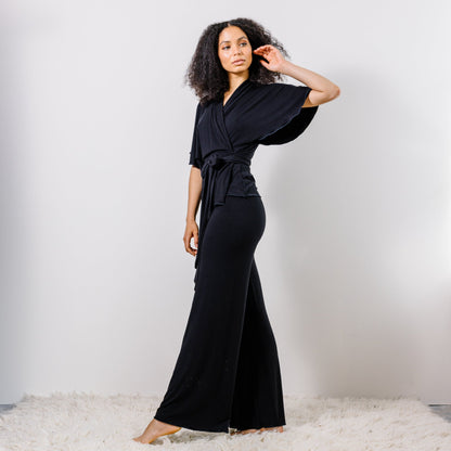 Bamboo Pajama Set including Wrap Bed Jacket and Wide Leg Foldover Pants - Homeland Harvest