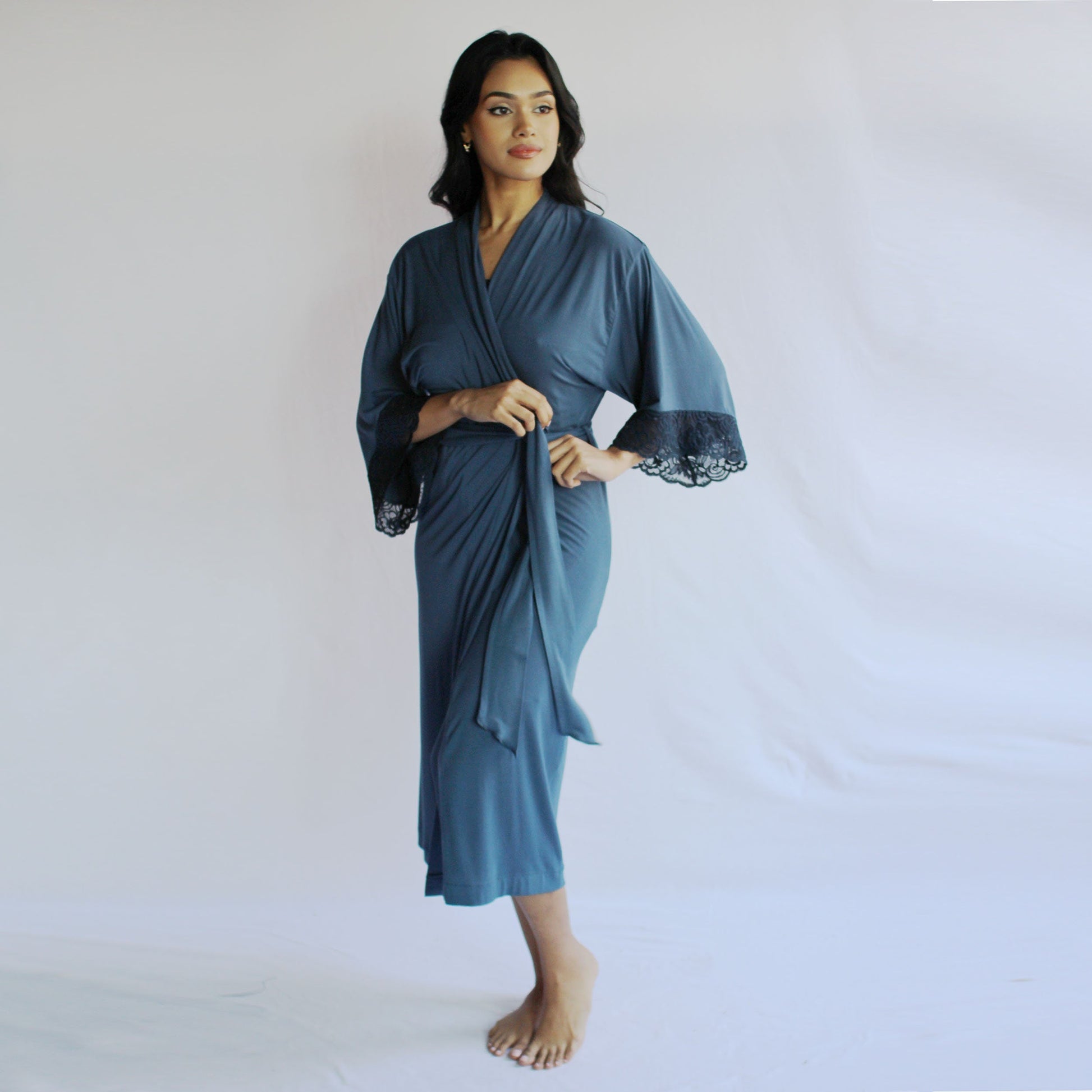 Womens Kimono Robe with Lace Sleeve Cuff - Homeland Harvest