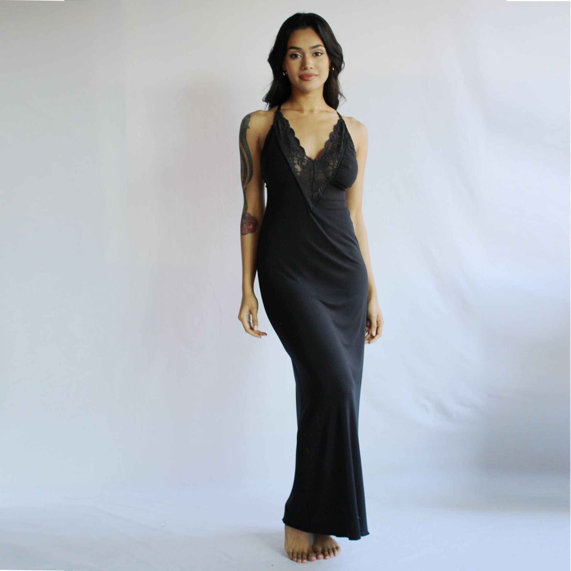 Long Bamboo Nightgown with plunging lace neckline - Homeland Harvest