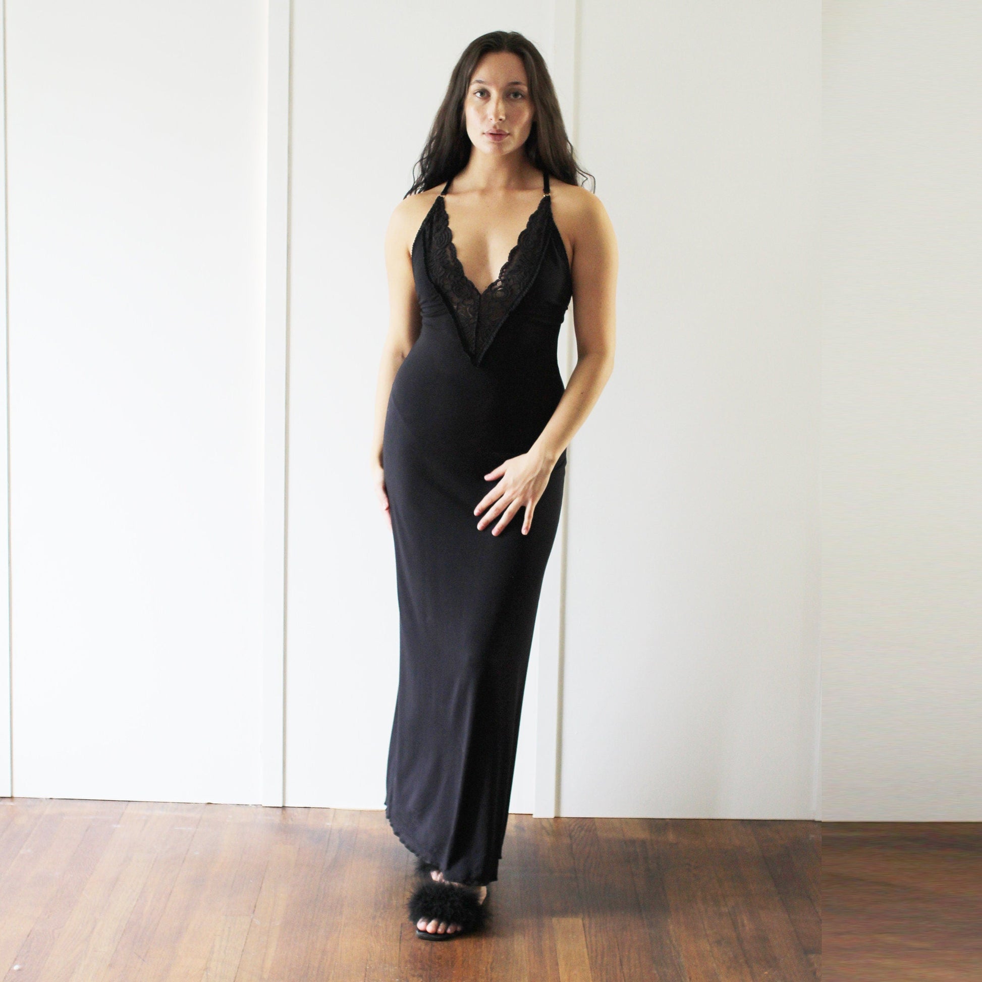 Long Bamboo Nightgown with plunging lace neckline - Homeland Harvest