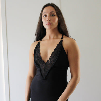 Long Bamboo Nightgown with plunging lace neckline - Homeland Harvest