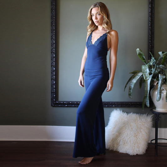 Pajama Set including Bamboo Wide Leg Foldover Pants and a lace trimmed Camisole - Homeland Harvest