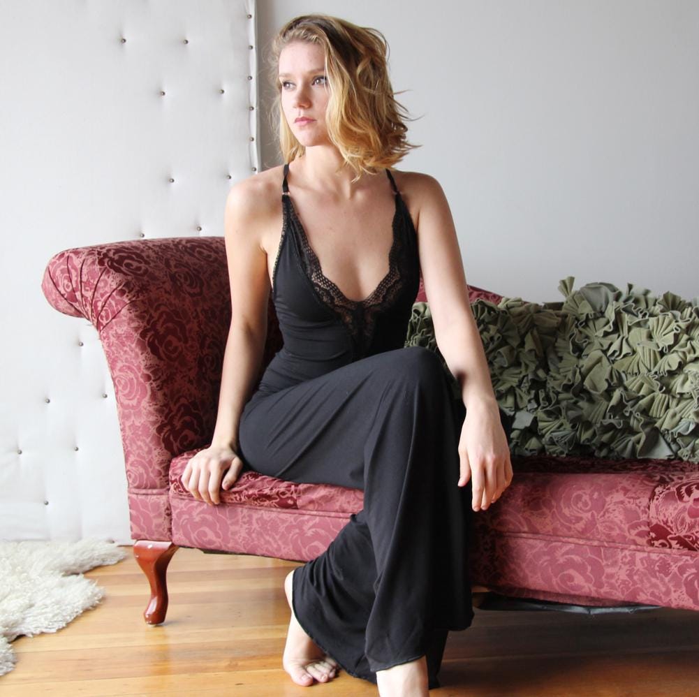 bamboo lingerie jumpsuit with plunging lace neckline - Homeland Harvest