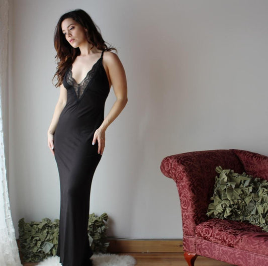 Long Bamboo Nightgown with plunging lace neckline - Homeland Harvest
