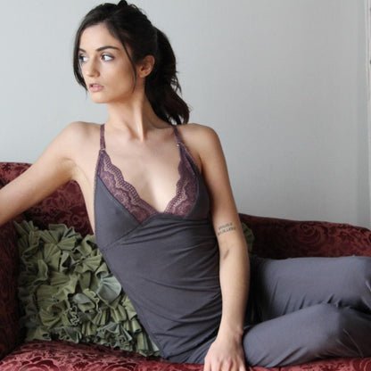 Pajama Set including Bamboo Wide Leg Foldover Pants and a lace trimmed Camisole - Homeland Harvest