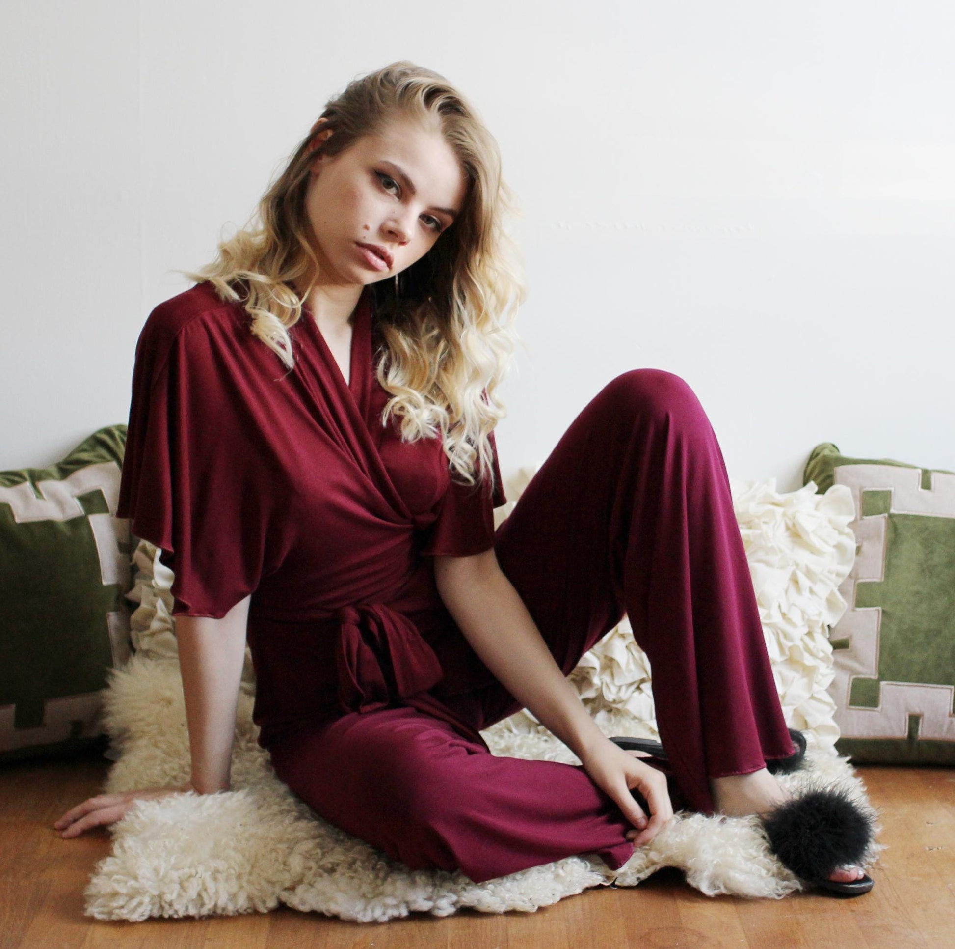 Bamboo Pajama Set including Wrap Bed Jacket and Wide Leg Foldover Pants - Homeland Harvest