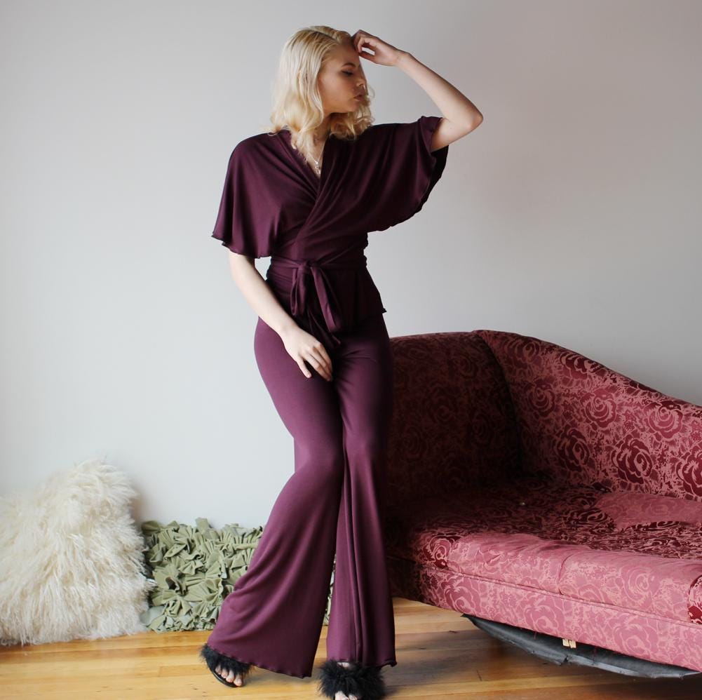 Bamboo Pajama Set including Wrap Bed Jacket and Wide Leg Foldover Pants - Homeland Harvest