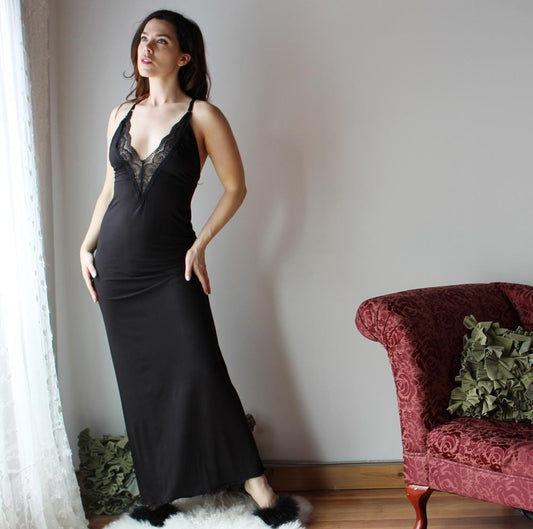Long Bamboo Nightgown with plunging lace neckline - Homeland Harvest