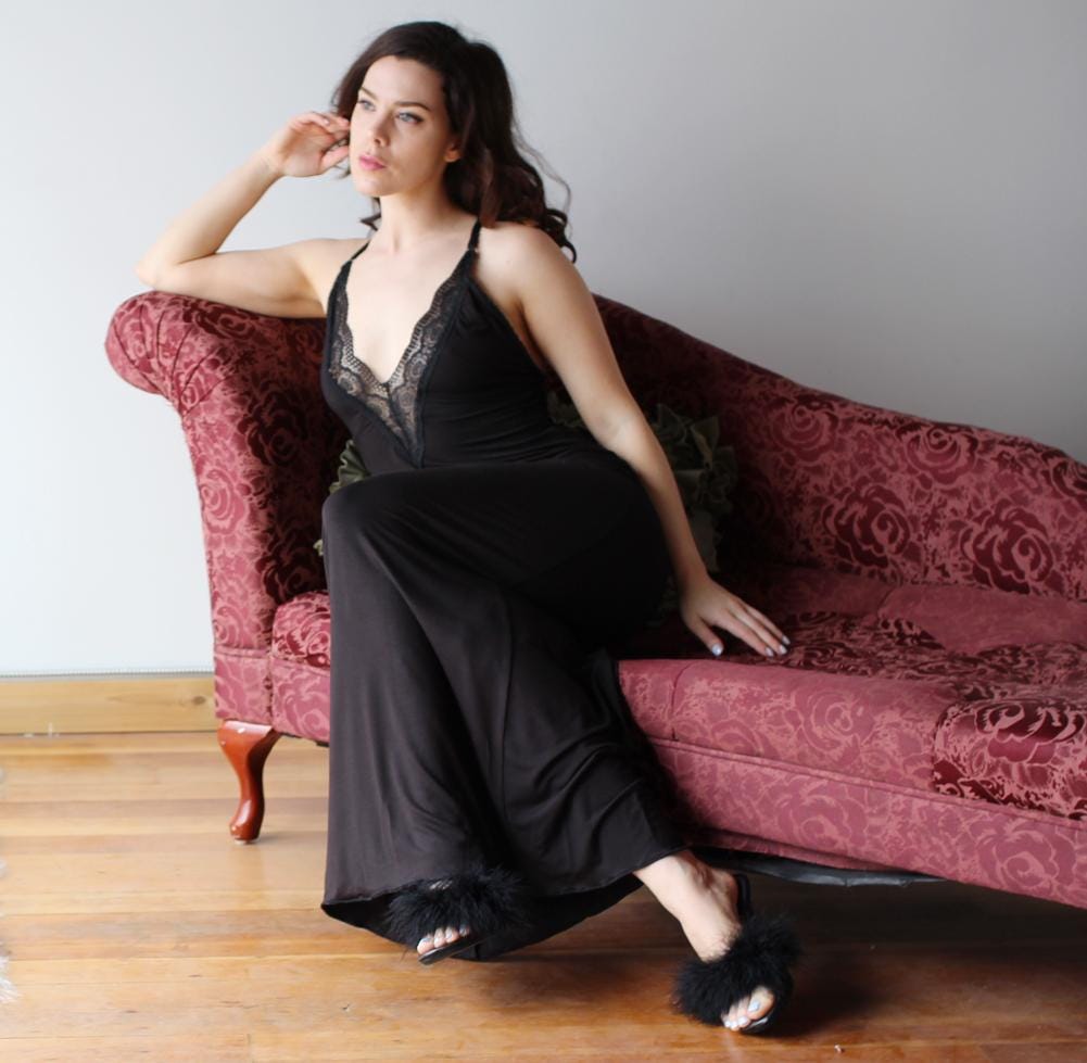 Long Bamboo Nightgown with plunging lace neckline - Homeland Harvest