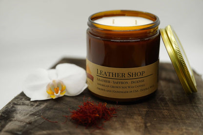 Leather Shop Soy Wax Candle | 16 oz Double Wick Amber Apothecary Jar