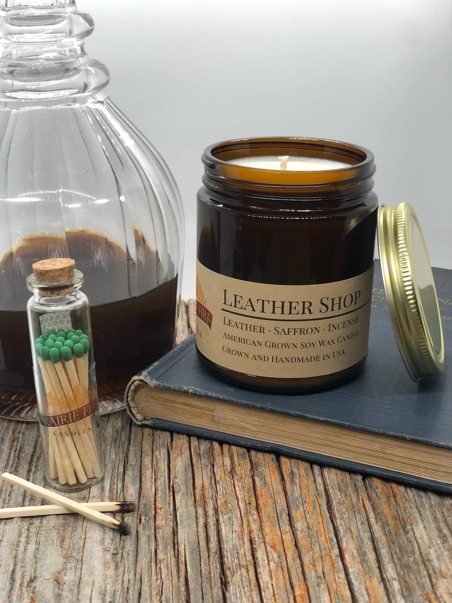 Leather Shop Soy Wax Candle | 9 oz Amber Apothecary Jar