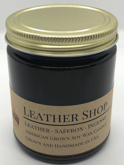 Leather Shop Soy Wax Candle | 9 oz Amber Apothecary Jar