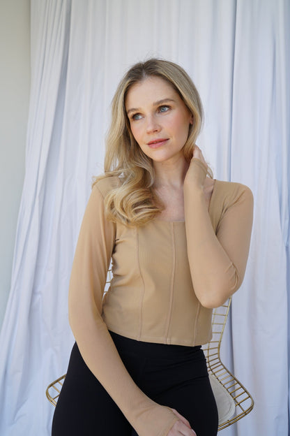Hailey Mesh and Cotton Long Sleeve Top - Latte