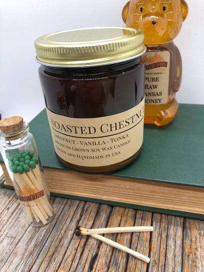 Roasted Chestnut Soy Wax Candle | 9 oz Amber Apothecary Jar
