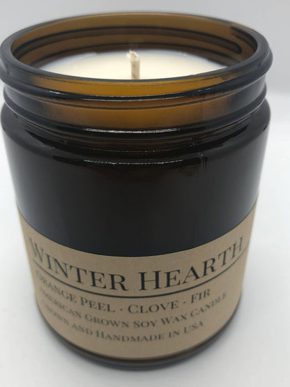 Winter Hearth Soy Wax Candle | 9 oz Amber Apothecary Jar