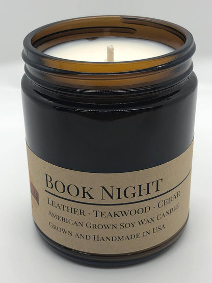 Book Night Soy Wax Candle | 9 oz Amber Apothecary Jar
