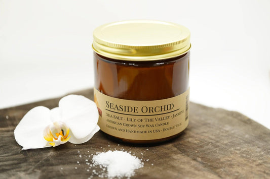 Seaside Orchid Soy Wax Candle | 16 oz Double Wick Amber Apothecary Jar