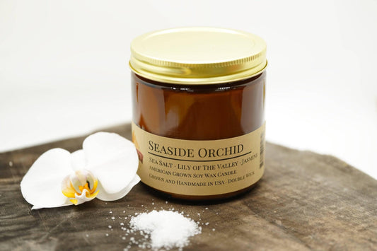 Seaside Orchid Soy Wax Candle | 16 oz Double Wick Amber Apothecary Jar