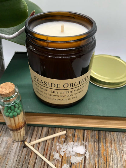 Seaside Orchid Soy Wax Candle | 9 oz Amber Apothecary Jar