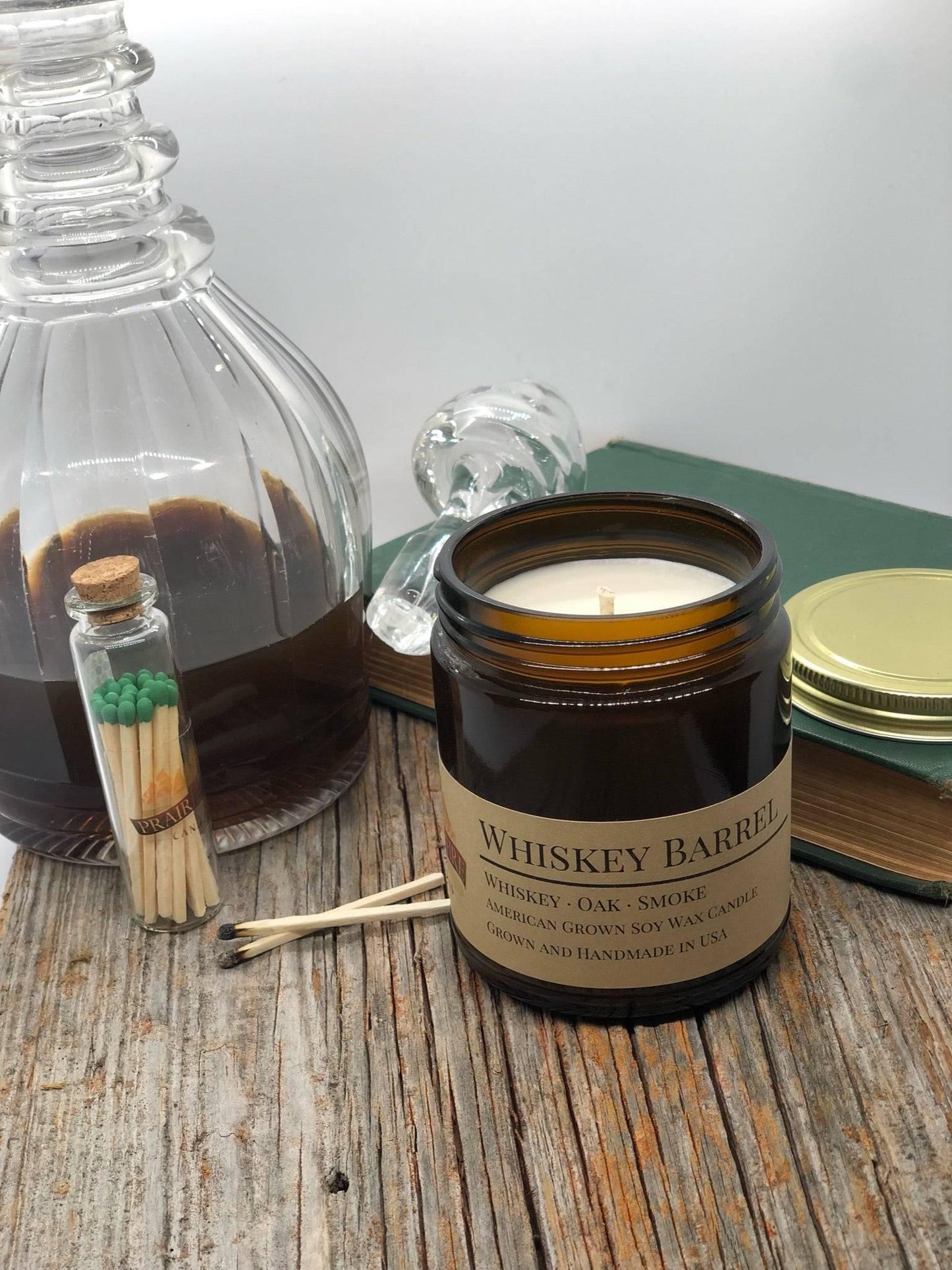 Whiskey Barrel Soy Wax Candle | 9 oz Amber Apothecary Jar