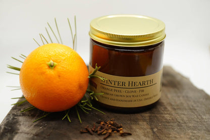 Winter Hearth Soy Wax Candle | 16 oz Double Wick Amber Apothecary Jar