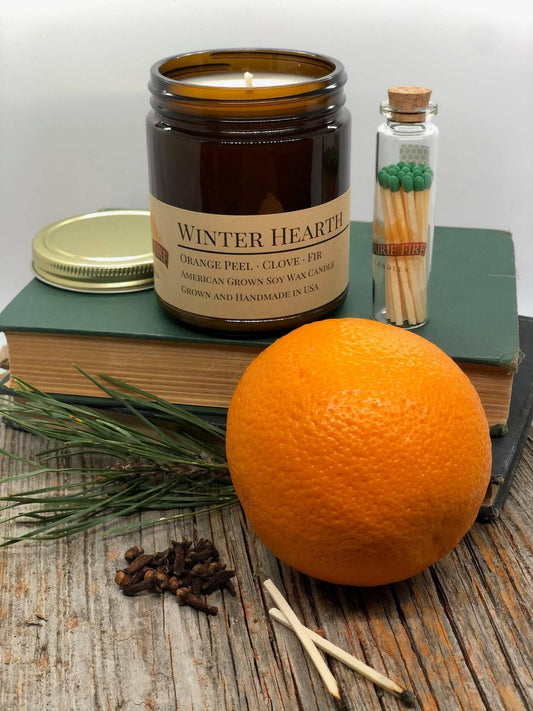 Winter Hearth Soy Wax Candle | 9 oz Amber Apothecary Jar