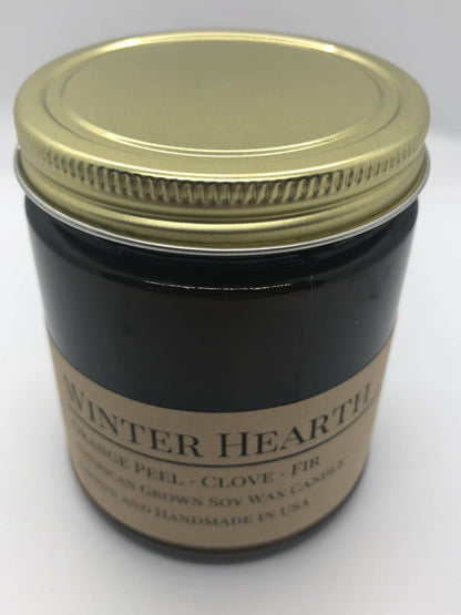 Winter Hearth Soy Wax Candle | 9 oz Amber Apothecary Jar